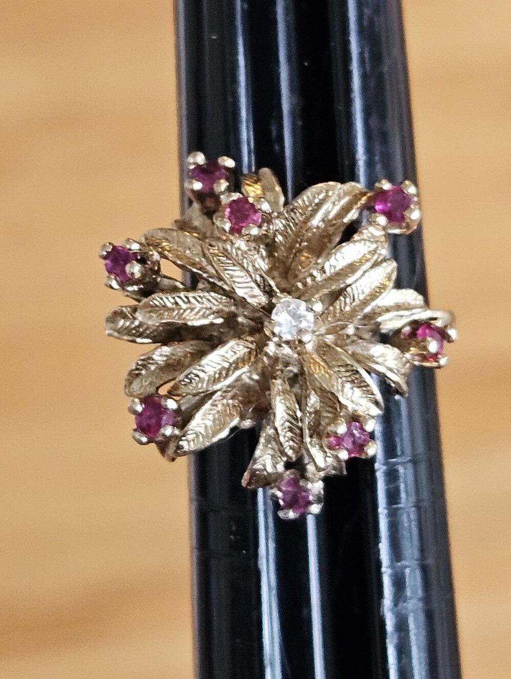 Vintage 40s Floral Spray Cluster Ring Pink Ruby And White Topaz Sterling Gold
